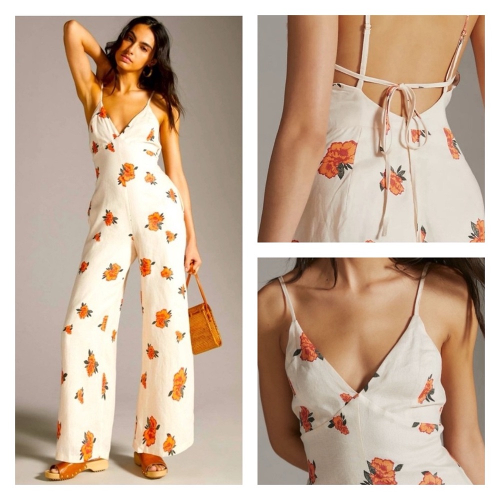 NWT ANTHROPOLOGIE Sancia Augustin Linen Floral Bohemian Chic Wide-Leg Jumpsuit S